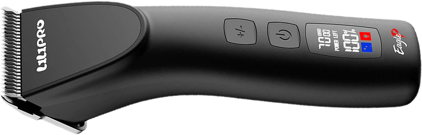 Eagle P recostada: cuchilla D-Series, botones, pantalla LCD y logo Eagle P