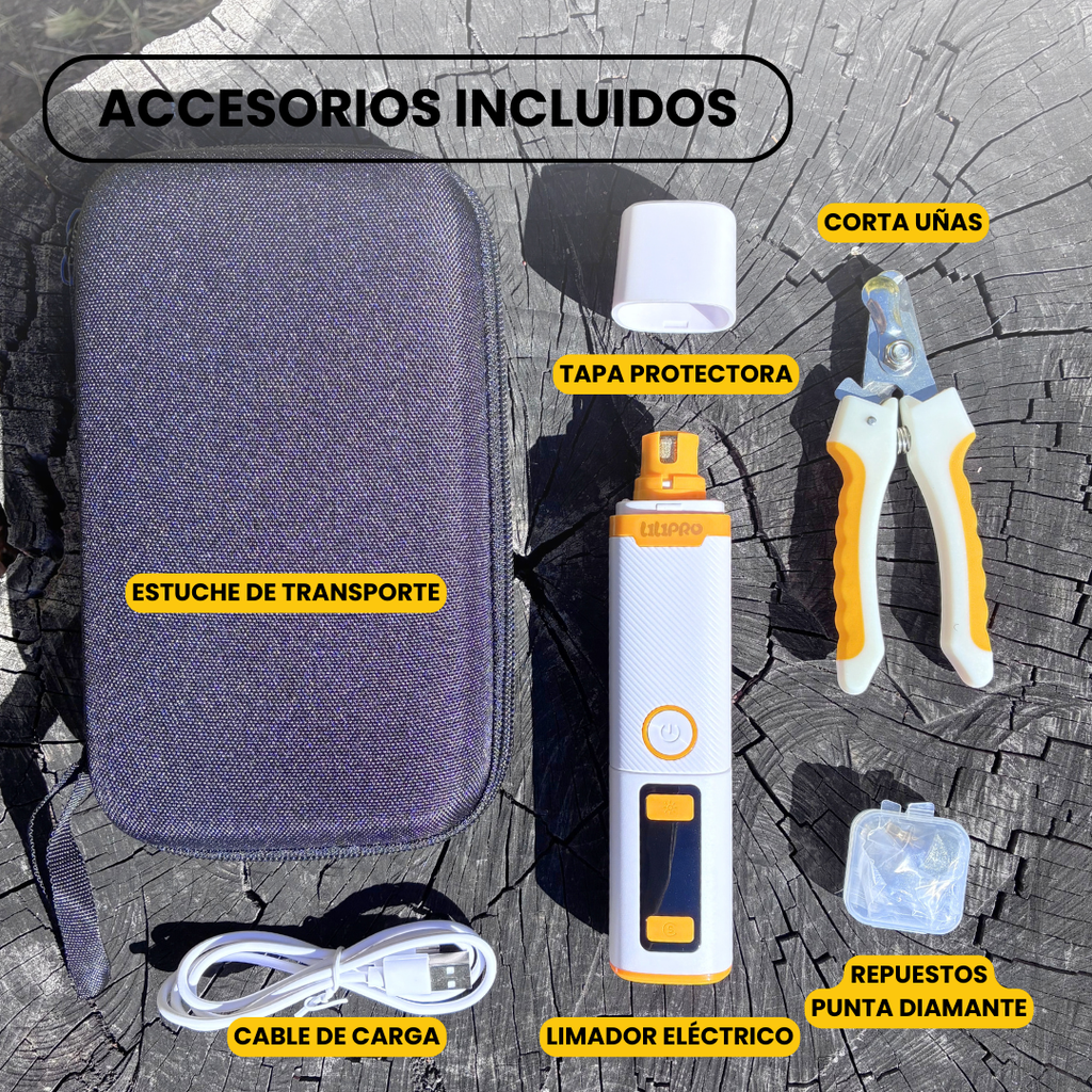 Lo que trae la caja de la lima PG102: lima con muela de diamante, 2 muelas de repuesto en su cajita, cortaúñas, tapa protectora, estuche de transporte y cable de carga