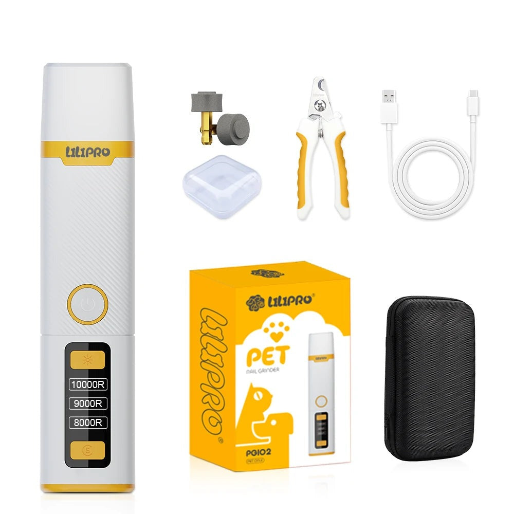 Kit lima de uñas para perros y gatos LILIPRO PET PG102 con cortaúñas, muelas de repuesto, cable USB, estuche y caja