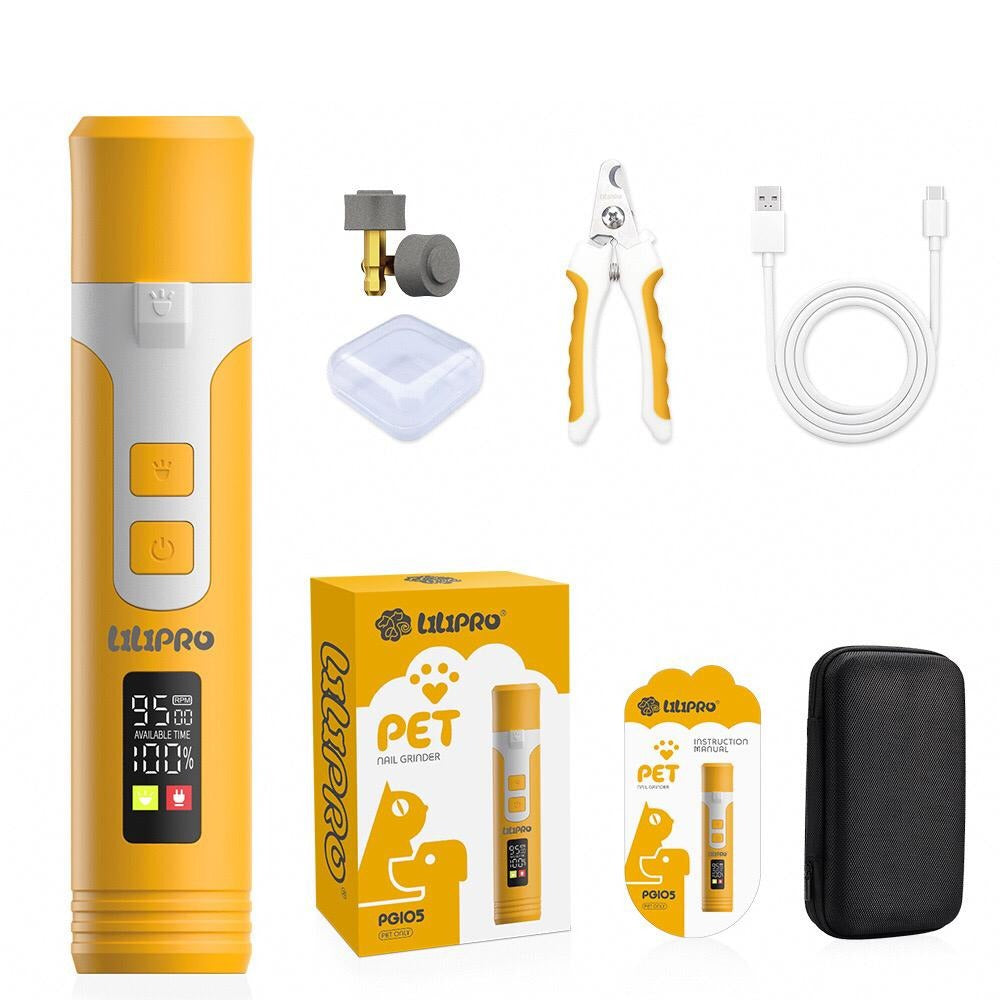 Lima de uñas para perros y gatos LILIPRO PET PG105 con muelas de repuesto, cortaúñas, cable USB, estuche y caja