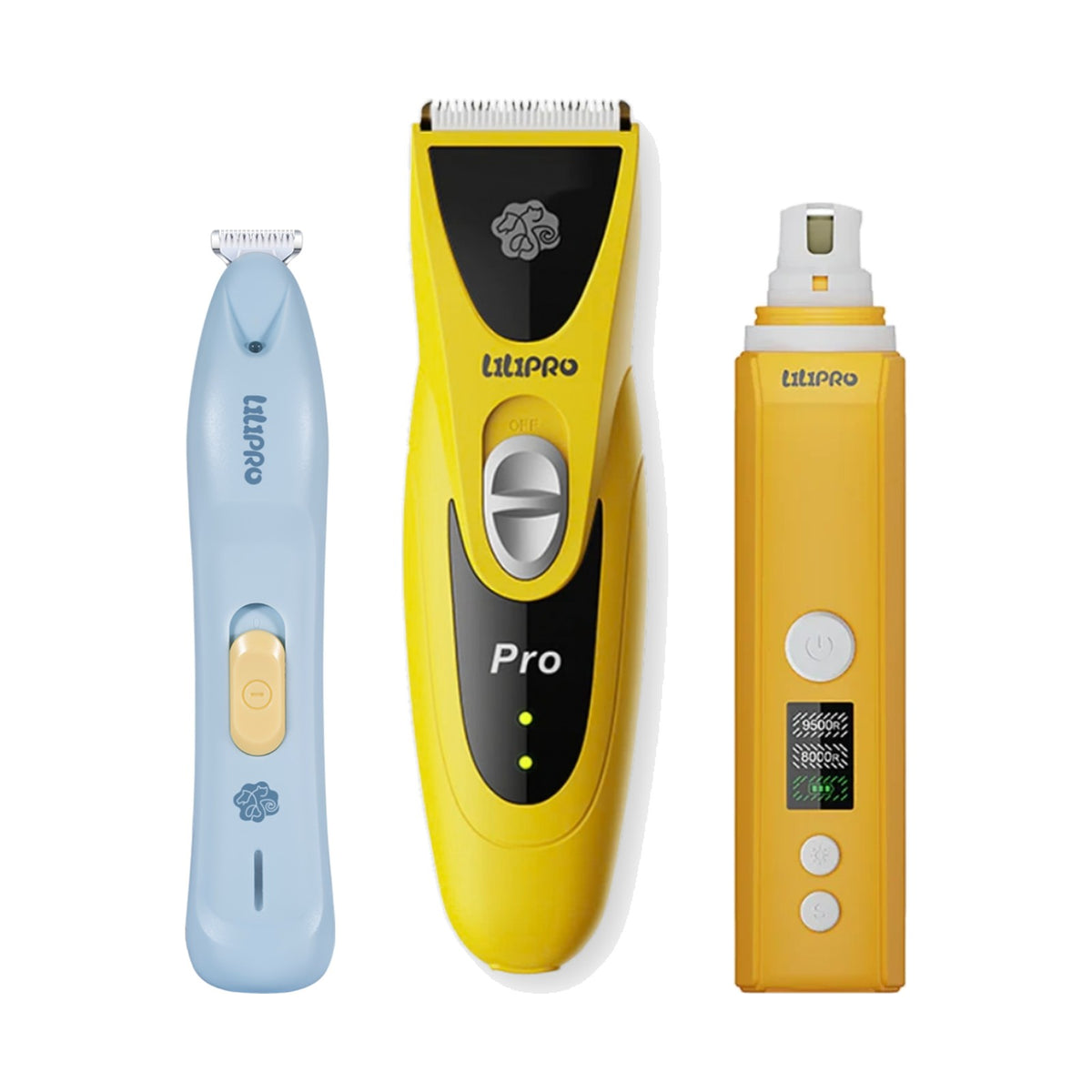 Kit Completo LILIPRO PET: cortapelos PT305 amarillo, recortadora de patas PT206L y lima de uñas PG101